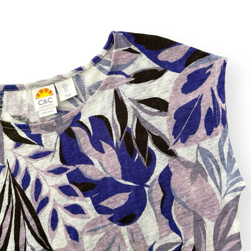 C & C California Large Purple Multicolor 100% Linen Short Cap Sleeves Top NWOT - Picture 5 of 11